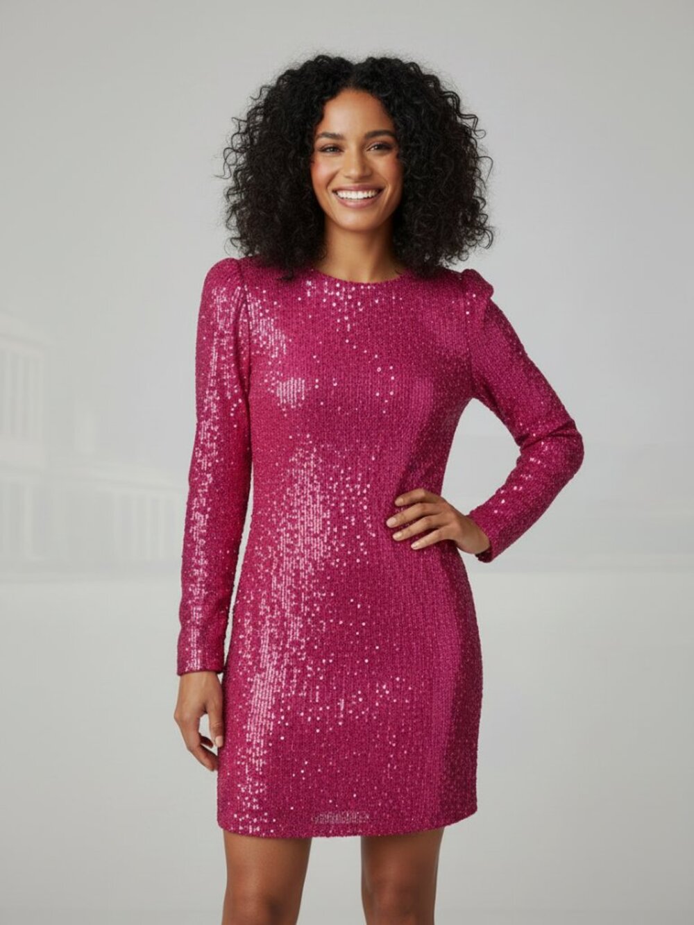 Taylor Dresses Magenta Sequin Shift Dress Mini Cocktail Long Sleeve Flared - XS